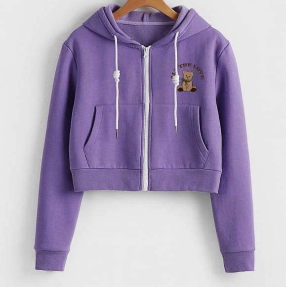 Letter & Bear Print Drawstring Zipper Thermal Hoodie - Picture 3 of 7